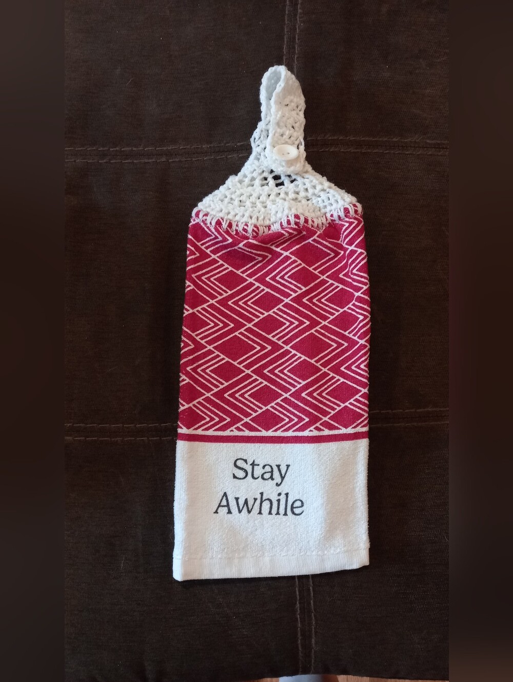 Stay Awhile Red & White Towels with Crocheted Top Hanger Handmade